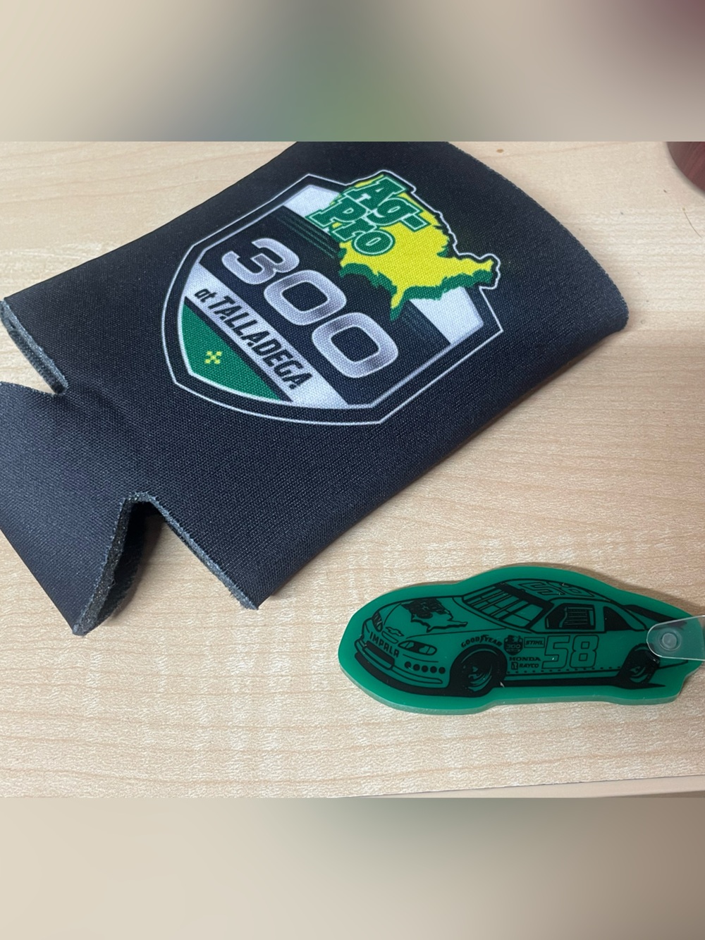 Bundle of Ag-Pro 300 Race at Talladega Koozie and Green #58 Race Car Keychain